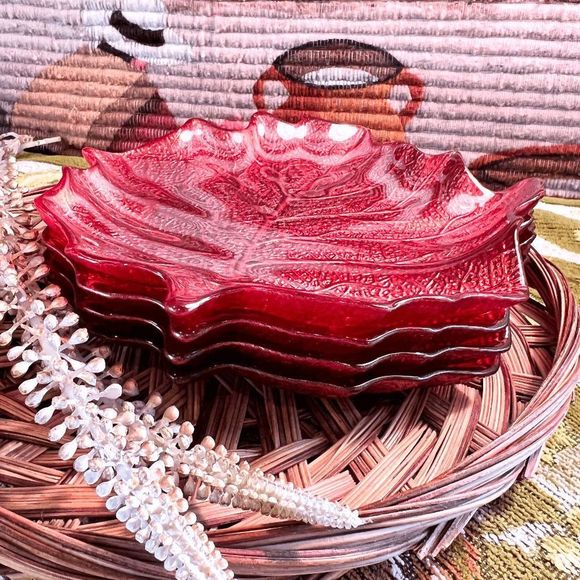 Vintage Set of 2 Iridescent Red Orange Glass Leaf Plates - Picture 2 of 4